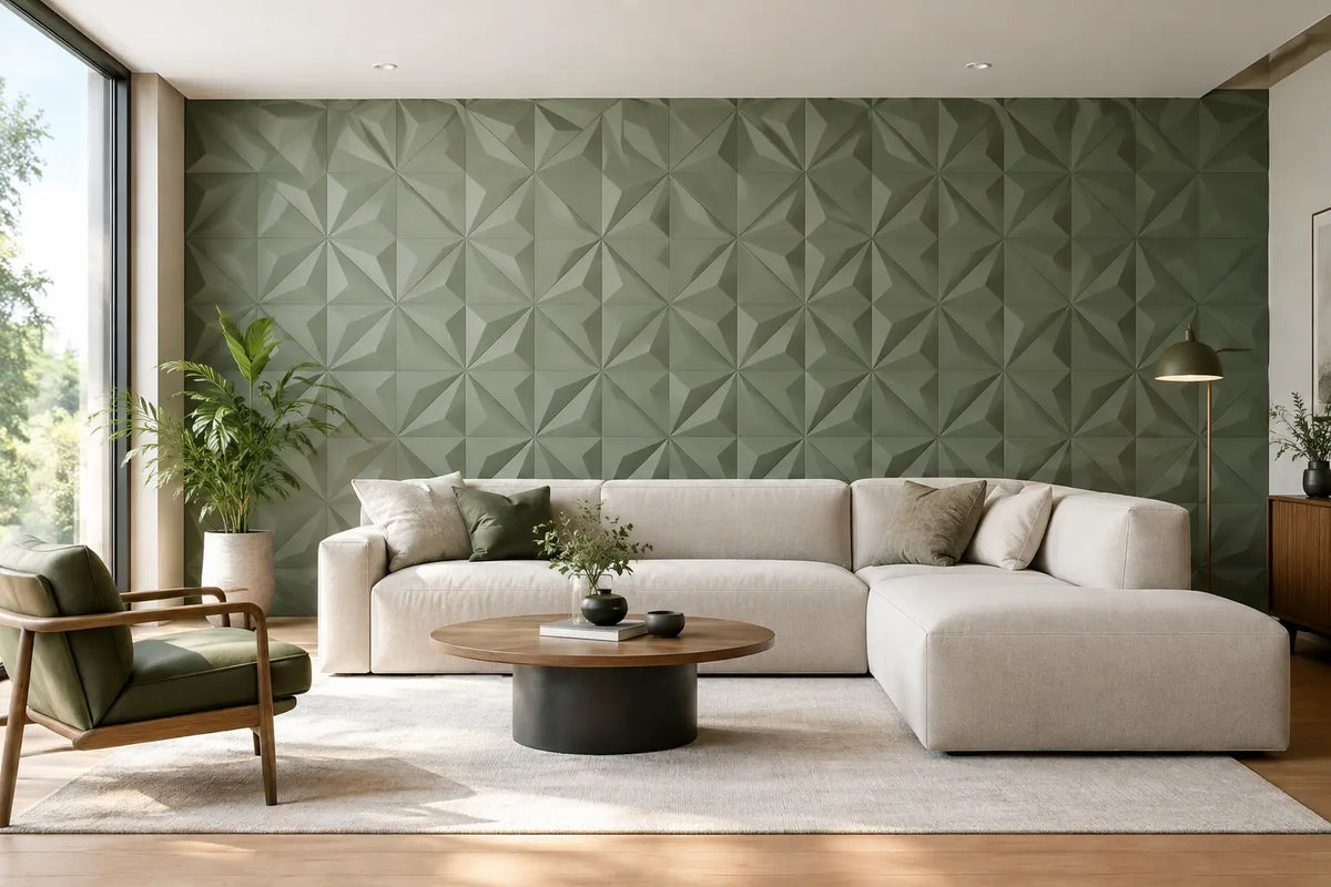 Exemple salon avec mur géométrique : 7 idées